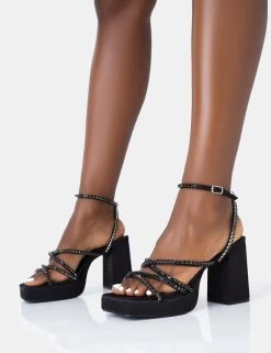 Playout Black Satin Diamante Strappy Platform Square Toe Mid Block Heels -Chic Footwear Shop 771A4689