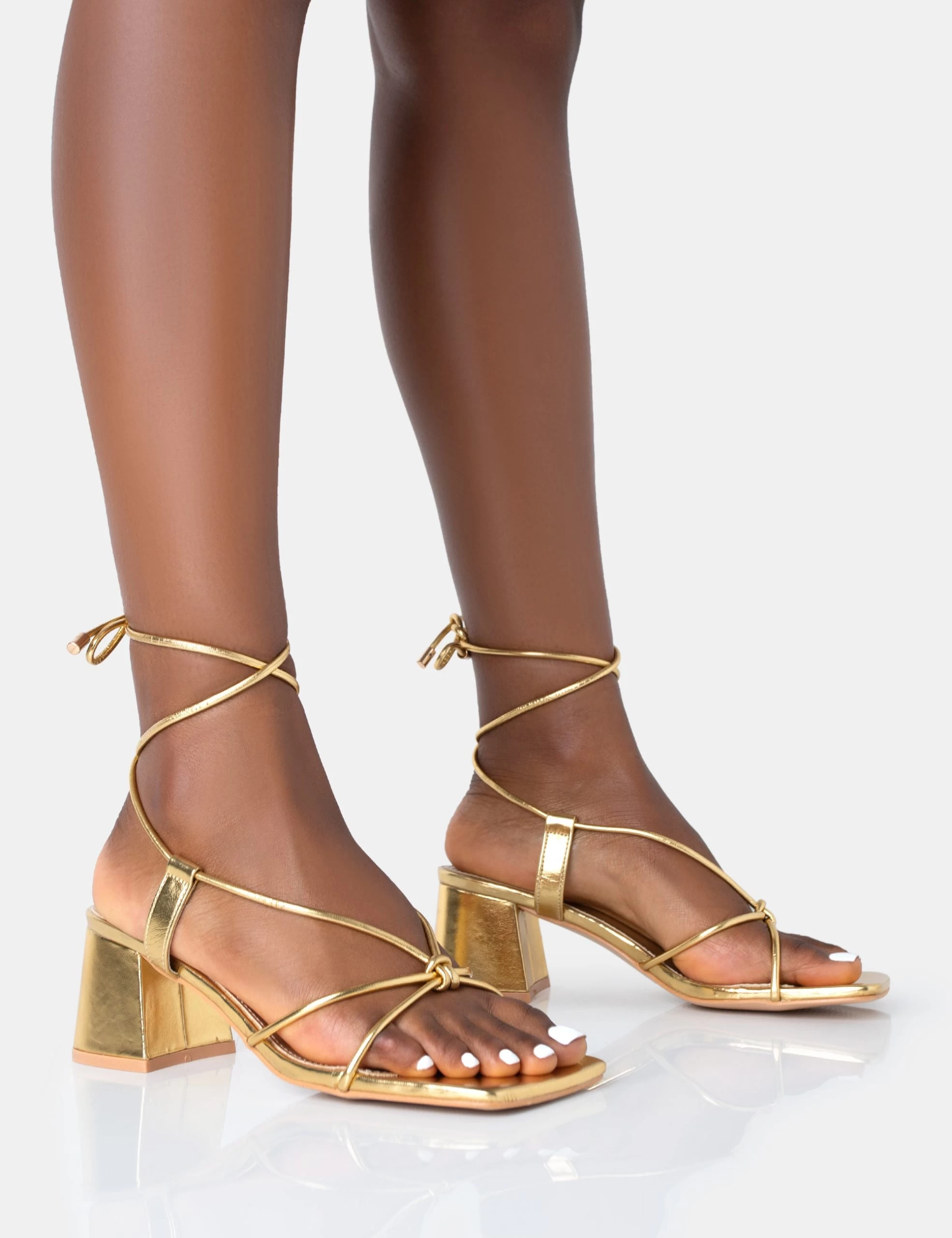 Aloha Gold PU Lace Up Block Mid Heeled Sandals 3 Aloha Gold PU Lace Up Block Mid Heeled Sandals