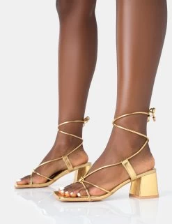 Aloha Gold PU Lace Up Block Mid Heeled Sandals 8 Aloha Gold PU Lace Up Block Mid Heeled Sandals -Chic Footwear Shop 771A4694