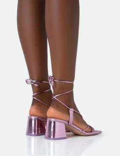 Aloha Pink Metallic Lace Up Block Mid Heeled Sandals -Chic Footwear Shop 771A4704