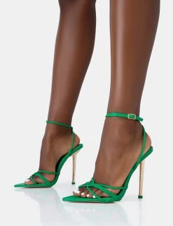Risque Green Pu Strappy Pointed Toe Gold Stiletto Heels -Chic Footwear Shop 771A4711