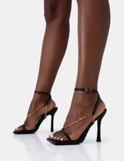 Catwalk Black Pu Chain Strappy Square Toe Stiletto Heels -Chic Footwear Shop 771A4756