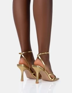 Mademoiselle Gold PU Strappy Square Toe Mid Stiletto Heels -Chic Footwear Shop 771A4941