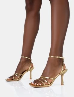 Mademoiselle Gold PU Strappy Square Toe Mid Stiletto Heels -Chic Footwear Shop 771A4943