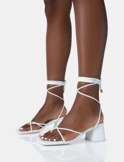 Aerin White PU Lace Up Strappy Square Toe Block Mid Heels -Chic Footwear Shop 771A4951