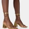 Aerin Gold Pu Lace Up Strappy Square Toe Block Mid Heels -Chic Footwear Shop 771A4953