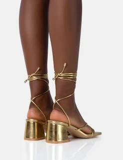 Aerin Gold Pu Lace Up Strappy Square Toe Block Mid Heels -Chic Footwear Shop 771A4954