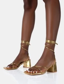 Aerin Gold Pu Lace Up Strappy Square Toe Block Mid Heels -Chic Footwear Shop 771A4955