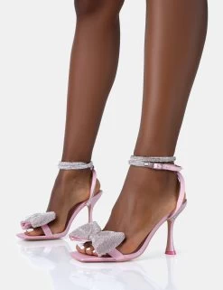 Candy Pink Satin Diamante Bow Square Toe Stiletto Mid Heels -Chic Footwear Shop 771A4982