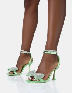 Candy Lime Satin Diamante Bow Square Toe Stiletto Mid Heels -Chic Footwear Shop 771A4987