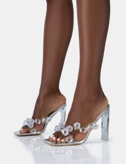Mysterine Silver Pu Perspex Jewel Square Toe Block Stiletto Heels -Chic Footwear Shop 771A4991