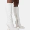 Vanessa Ecru PU Inverted Wedge Square Toe Heeled Knee High Boots -Chic Footwear Shop 771A4994