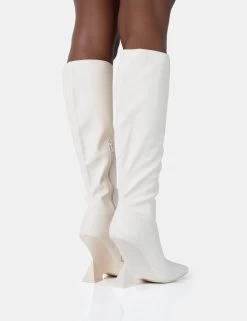 Vanessa Ecru PU Inverted Wedge Square Toe Heeled Knee High Boots -Chic Footwear Shop 771A4996