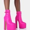 Vally Hot Pink PU Extreme Platform Square Rounded Toe Block Heeled Ankle Boots