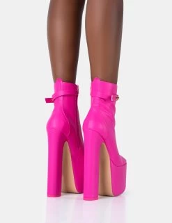 Vally Hot Pink PU Extreme Platform Square Rounded Toe Block Heeled Ankle Boots -Chic Footwear Shop 771A5001