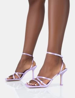 Mademoiselle Lavender Satin Strappy Square Toe Mid Stiletto Heels -Chic Footwear Shop 771A5013