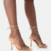 Euphoria Gold Pu Square Toe Lace Up Mid Heels -Chic Footwear Shop 771A5019