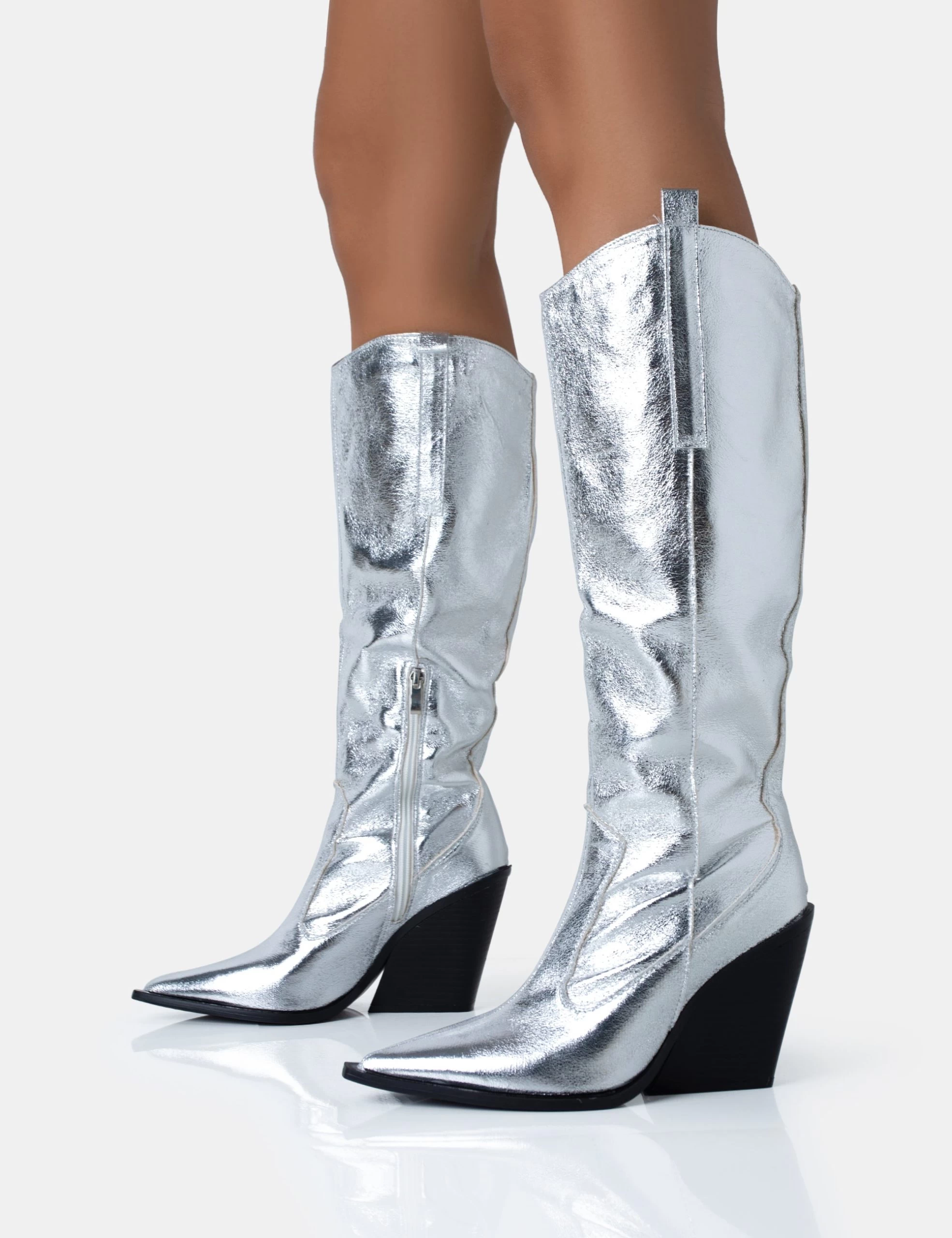 Navada Silver Metallic Wide Fit Western Cowboy Pointed Toe Block Heel Knee High Boots 4 Navada Silver Metallic Wide Fit Western Cowboy Pointed Toe Block Heel Knee High Boots - Image 2