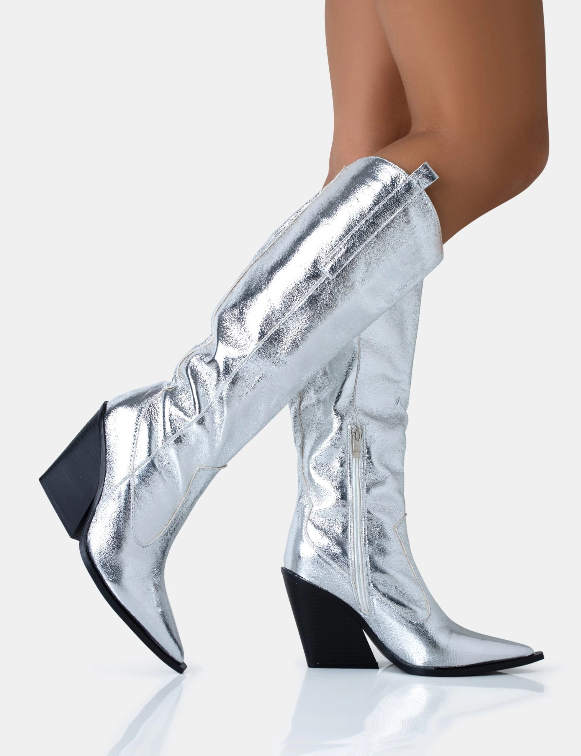 Navada Silver Metallic Wide Fit Western Cowboy Pointed Toe Block Heel Knee High Boots 5 Navada Silver Metallic Wide Fit Western Cowboy Pointed Toe Block Heel Knee High Boots - Image 3
