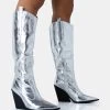 Navada Silver Metallic Western Cowboy Pointed Toe Block Heel Knee High Boots