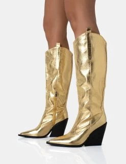 Navada Gold Metallic Western Cowboy Pointed Toe Block Heel Knee High Boots -Chic Footwear Shop 771A5037