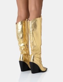 Navada Gold Metallic Western Cowboy Pointed Toe Block Heel Knee High Boots -Chic Footwear Shop 771A5039