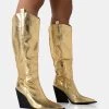 Navada Gold Metallic Western Cowboy Pointed Toe Block Heel Knee High Boots 1 Navada Gold Metallic Western Cowboy Pointed Toe Block Heel Knee High Boots -Chic Footwear Shop 771A5040