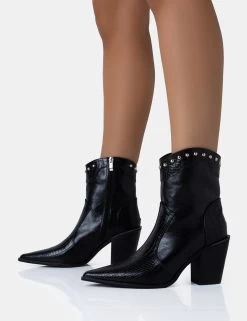 Riley Black Croc Metal Studded Detail Pointed Toe Western Cowboy Block Ankle Boots -Chic Footwear Shop 771A5045