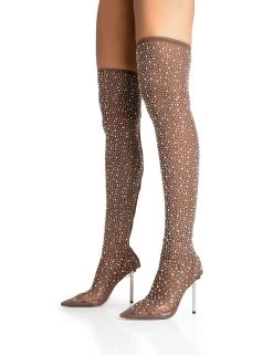 It Girl Chocolate Diamante Holographic Detailed Mesh Pointed Toe Stiletto Sock Boot Heels -Chic Footwear Shop 771A5284