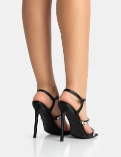 Evia Black Satin Pearl Barely There Square Toe Stiletto Heels -Chic Footwear Shop 771A5304