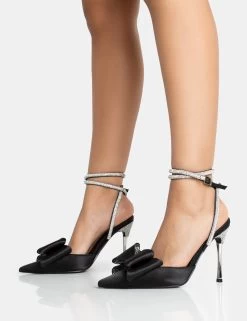 Angelic Black Satin Bow Diamante Wrap Around Pointed Court Stiletto Heel -Chic Footwear Shop 771A5312