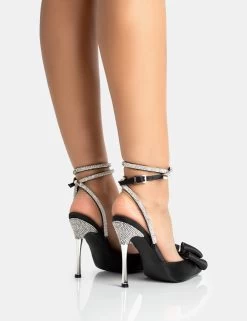 Angelic Black Satin Bow Diamante Wrap Around Pointed Court Stiletto Heel -Chic Footwear Shop 771A5314