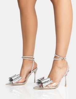 Angelic Silver Mirror Perspex Bow Diamante Wrap Around Pointed Court Stiletto Heel -Chic Footwear Shop 771A5316