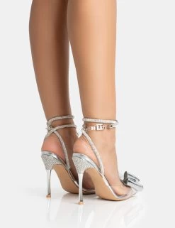 Angelic Silver Mirror Perspex Bow Diamante Wrap Around Pointed Court Stiletto Heel -Chic Footwear Shop 771A5318