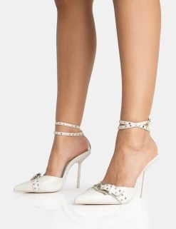 Ozella Light Grey Pu Studded Buckle Wrap Around Pointed Court Stiletto Heel 8 Ozella Light Grey Pu Studded Buckle Wrap Around Pointed Court Stiletto Heel -Chic Footwear Shop 771A5324