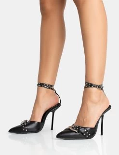 Ozella Black Pu Studded Buckle Wrap Around Pointed Court Stiletto Heel -Chic Footwear Shop 771A5328