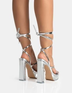 Gimme Gimme Silver PU Strappy Lace Up Block Heels 9 Gimme Gimme Silver PU Strappy Lace Up Block Heels -Chic Footwear Shop 771A5342