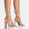 Gimme Gimme Silver PU Strappy Lace Up Block Heels -Chic Footwear Shop 771A5343
