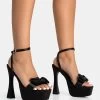 Dreamer Wide Fit Black Satin Extreme Bow Ankle Strap Platform Square Toe Flared Stiletto Heels