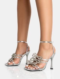 Amelia Silver Mirror Sparkly Diamante Strappy Bow Square Toe Stiletto High Heels -Chic Footwear Shop 771A5372
