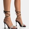Jenner Black PU Diamante Strap Lace Up Square Toe Cake Stand Stiletto Heels