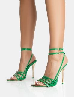 Majesty Green Patent Buckles Wrap Around Pointed Toe Gold Stiletto Heel -Chic Footwear Shop 771A5412