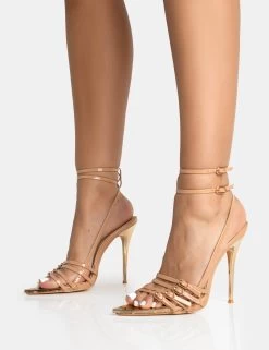 Majesty Nude Patent Buckles Wrap Around Pointed Toe Gold Stiletto Heel -Chic Footwear Shop 771A5416
