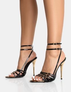 Majesty Black Patent Buckles Wrap Around Pointed Toe Gold Stiletto Heel -Chic Footwear Shop 771A5420