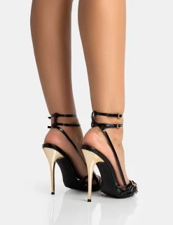 Majesty Black Patent Buckles Wrap Around Pointed Toe Gold Stiletto Heel -Chic Footwear Shop 771A5422