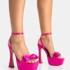 Dreamer Hot Pink Satin Extreme Bow Ankle Strap Platform Square Toe Flared Stiletto Heels -Chic Footwear Shop 771A5431