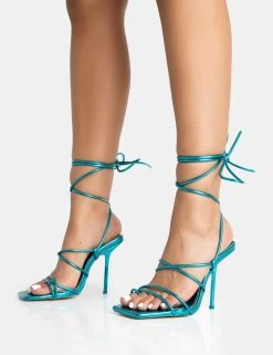 Holly Wide Fit Blue Metallic Strappy Tie Up Square Toe Stiletto Heels -Chic Footwear Shop 771A5444 ac4c3f4a 28de 40a1 b1c9 611d8f721a98