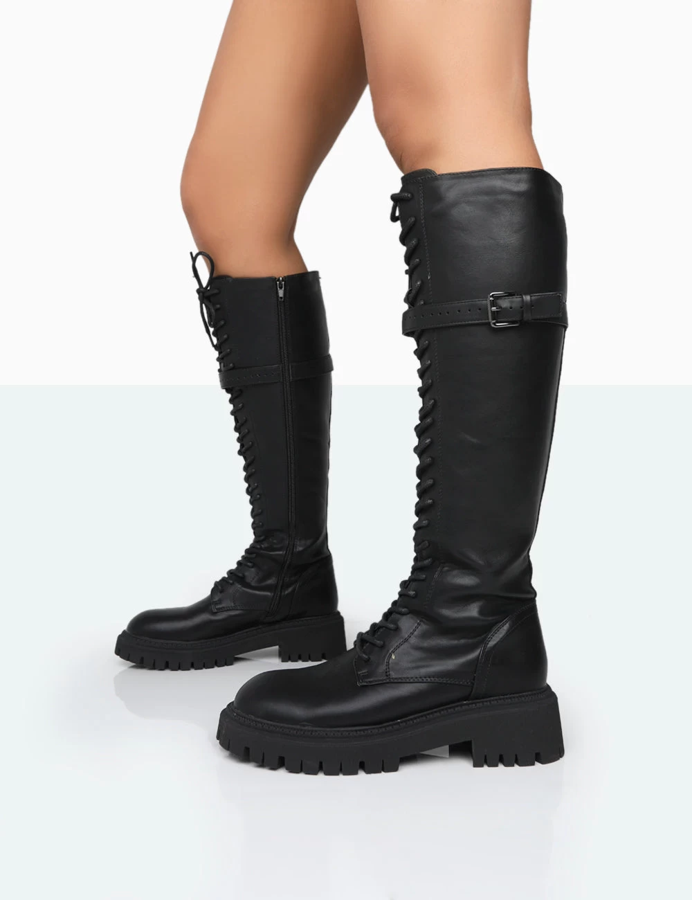 Lainey Black Pu Chunky Sole Lace Up Knee High Boots 4 Lainey Black Pu Chunky Sole Lace Up Knee High Boots - Image 2