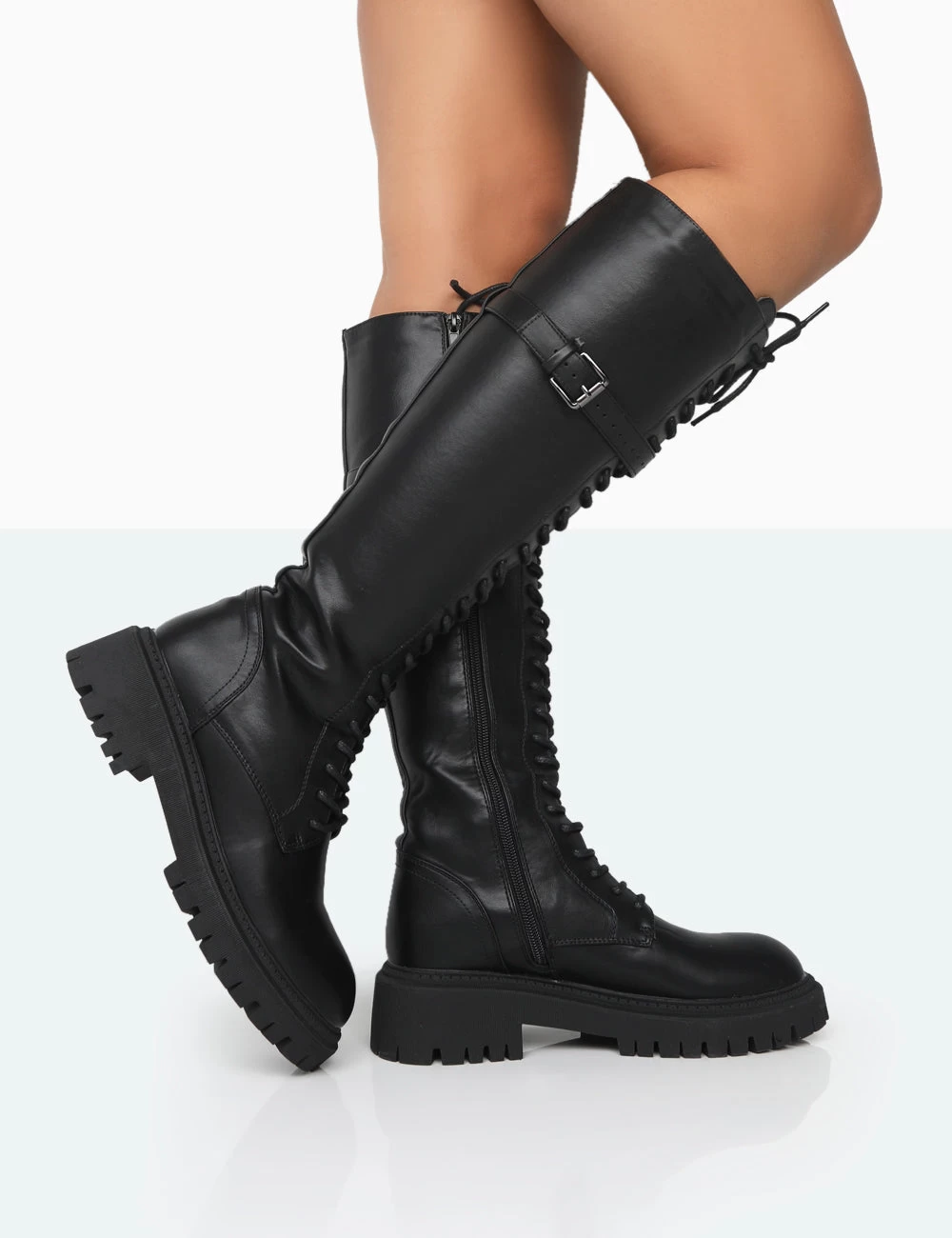 Lainey Black Pu Chunky Sole Lace Up Knee High Boots 5 Lainey Black Pu Chunky Sole Lace Up Knee High Boots - Image 3