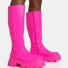 Scorpio Hot Pink Rubberised Pu Rounded Toe Chucky Sole Knee High Boots